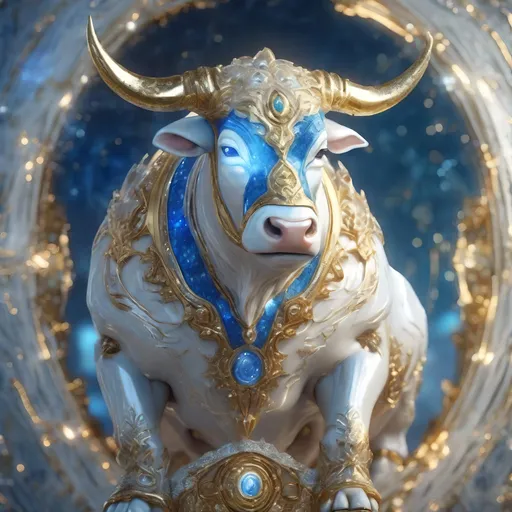 Prompt: A white, blue and gold translucent dwarf bull humanoid made of the element wind in heaven, highly detailed painting, photorealistic, sparkles, magical atmosphere, 8k
