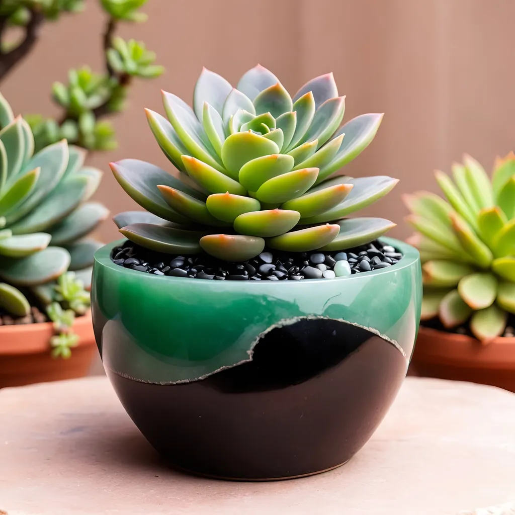 Prompt: Onyx and jade pot with succulent.