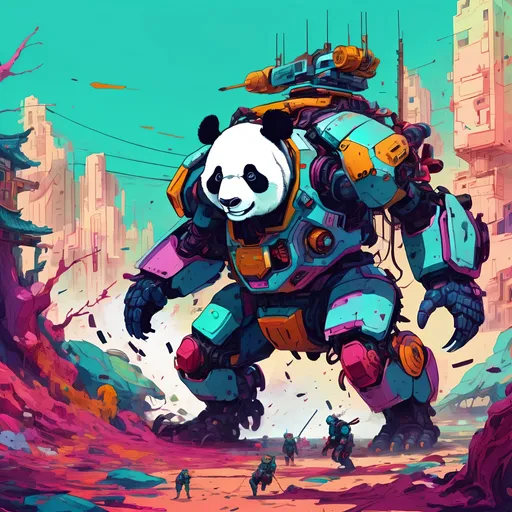 Prompt: Giant panda mech hunting some poor souls.
Science Fiction, Retrofuturism, Body horror, Cosmic Horror, Fine inking, Clean linework, comic illustration, flat shading, Colour transitions, Maximalism, Beautifully illustrated forms, beautiful background scenery, Warm and cold colour mix, Triadic colour palette, Dark vibrancy, Complexity, Storytelling, Dynamic Poses, High quality, Sharp focus, Tight colour range, Full scene, Filmic, 