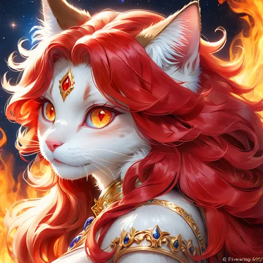 Prompt: wizard cat with {red fur} and {ruby red eyes}, senior female cat, fire element, flame, Erin Hunter, gorgeous anime portrait, beautiful cartoon, 2d cartoon, beautiful 8k eyes, elegant {red fur}, pronounced scar on chest, fine oil painting, modest, gazing at viewer, beaming red eyes, glistening red fur, low angle view, zoomed out view of character, 64k, hyper detailed, expressive, timid, graceful, beautiful, expansive silky mane, deep starry sky, golden ratio, precise, perfect proportions, vibrant, standing majestically on a tall crystal stone, hyper detailed, complementary colors, UHD, HDR, top quality artwork, beautiful detailed background, unreal 5, artstaion, deviantart, instagram, professional, masterpiece