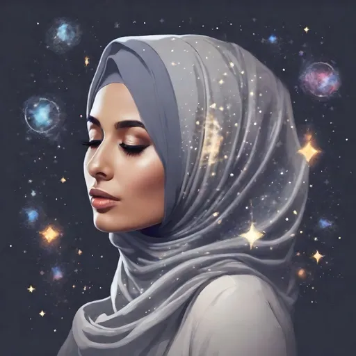 Prompt: beautiful woman in hijab exhaling smoke in the form of stars and galaxies.