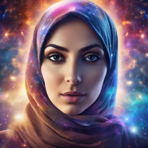 Prompt: Beautiful woman in hijab exhaling stars and galaxies, bright lasers shooting from her eyes, ethereal smoke, cosmic, surreal, vibrant colors, atmospheric lighting, digital art, high quality, detailed features, flowing hijab, mystical, ethereal beauty, cosmic atmosphere, surrealistic, mystical atmosphere, stars and galaxies, laser eyes, vibrant surrealism