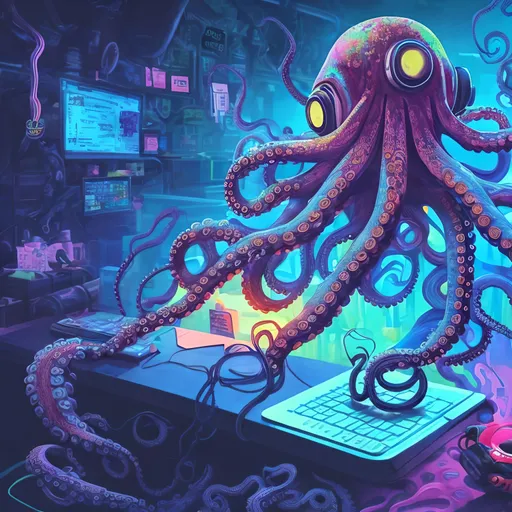 Prompt: Octopus coding at desk, wearing headphones, energy drink, snack, petting dog, playing piano, lifting dumbbell, digital illustration, vibrant colors, detailed tentacles, professional, highres, detailed coding environment, multi-tasking octopus, modern setting, futuristic technology, energetic lighting