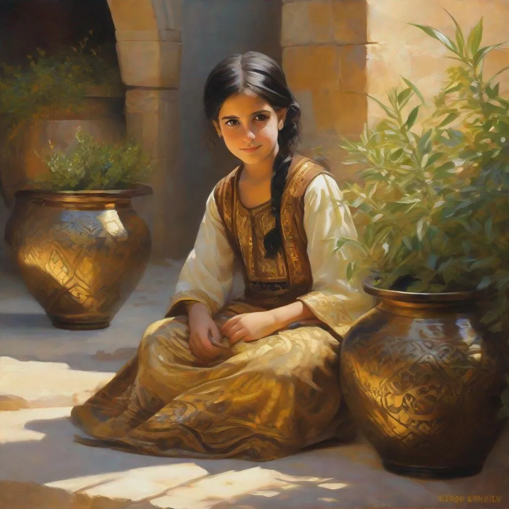 Prompt: A 10 year old Syrian girl, pale skin, black hair, pigtails, brown eyes, traditional Syrian dress, Old Damascus, surrounded by gold and onyx pots filled with different plants, photorealistic, extremely detailed painting by Greg Rutkowski by Steve Henderson