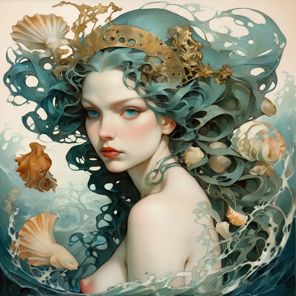 Prompt: sea siren, beauty, sinister slyph, goddess mode, kelp, shells, ferrotype, james jean, alphonse mucha