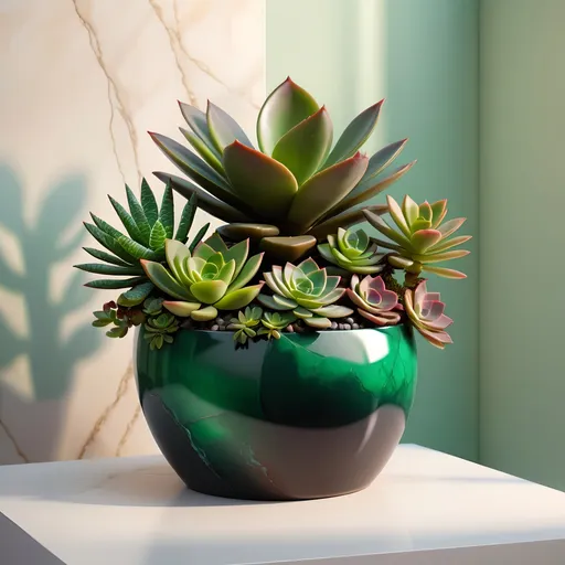 Prompt: Onyx and emerald pot with succulents, rich textures, high-quality, detailed 3D rendering, modern, lush greenery, elegant design, vibrant colors, natural lighting