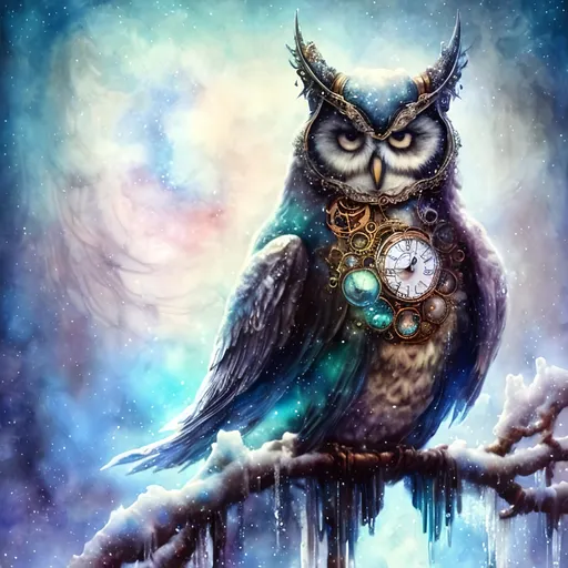 Prompt: ""<lora:Cosmic steampunk:1.0> Dreamy cloudy effect romantic very large white owl with icy snow background, sitting on a snow covered branch with icicles hanging from the branch, stylized, iridescent, intricate, fantastic, fantasia, fantasy, dreamy, watercolor, flared edges, beautiful bright white"