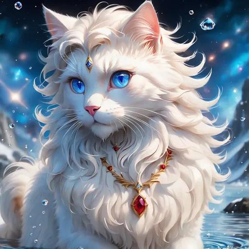 Prompt: wizard cat with {white fur} and {ruby blue eyes}, senior female cat, water element, water, Erin Hunter, gorgeous anime portrait, beautiful cartoon, 2d cartoon, beautiful 8k eyes, elegant {blue fur}, pronounced scar on chest, fine oil painting, modest, gazing at viewer, beaming blue eyes, glistening white fur, low angle view, zoomed out view of character, 64k, hyper detailed, expressive, timid, graceful, beautiful, expansive silky mane, deep starry sky, golden ratio, precise, perfect proportions, vibrant, standing majestically on a tall crystal stone, hyper detailed, complementary colors, UHD, HDR, top quality artwork, beautiful detailed background, unreal 5, artstaion, deviantart, instagram, professional, masterpiece