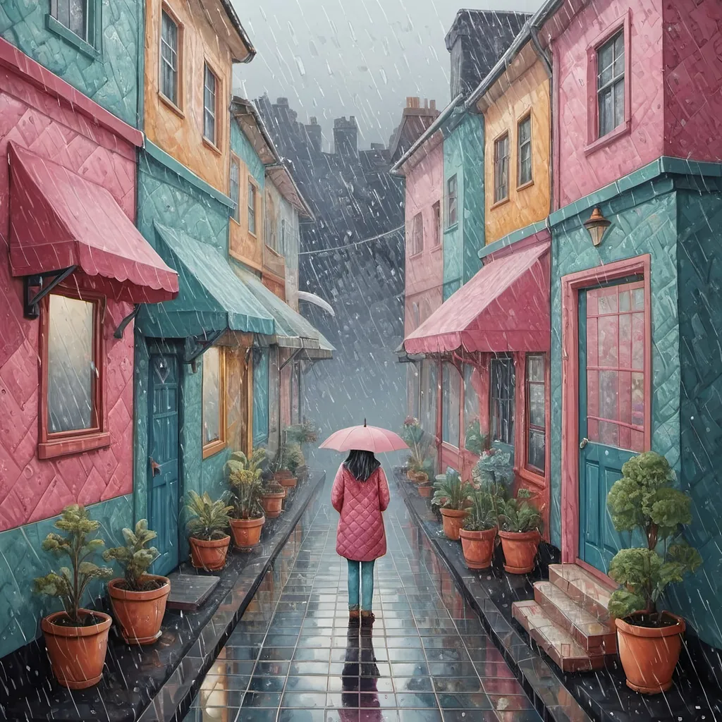 Prompt: waiting for you in the rain He will return like in a dream Bad dream Will let us be close to each other But the dream flew away His heart changed Only you are left with your ambiguous love , in the style of hot vs cold folk art-inspired isometric , bold patterned quilts, pastel colours, bloomcore, mixes painting and ceramics, precise, detailed architecture paintings, cute and dreamy, illustration by Olivia Gibbs, Francois boucher, Animorphia - Kerby Rosanes, Victoria Ball, ugly sweater patchwork 