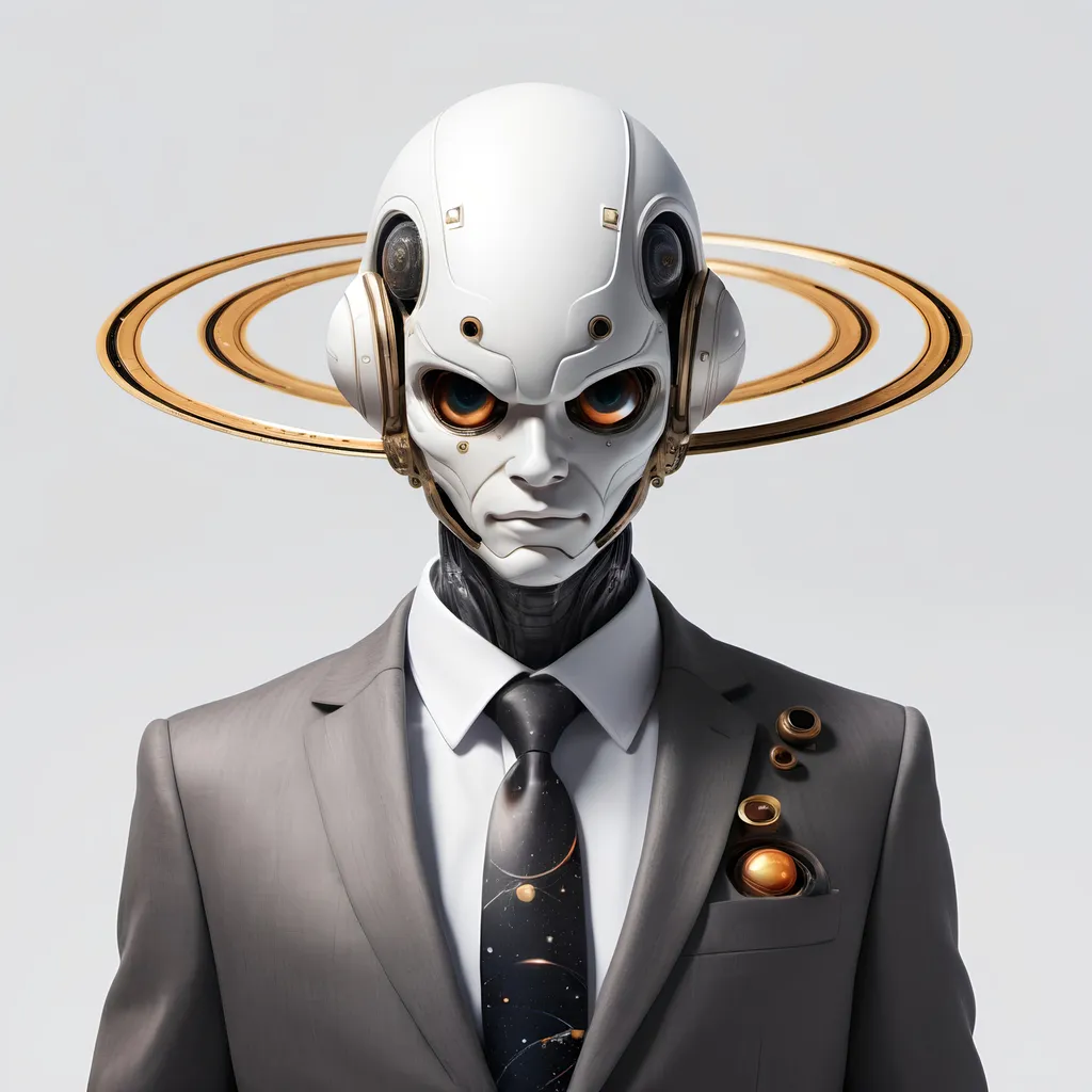 Prompt: a heliocentric humanoid with a head made of the planet Saturn, orbiting planets around head, rings, white background, hyperrealistic, wearing a suit, dynamic cinematic composition, full profile