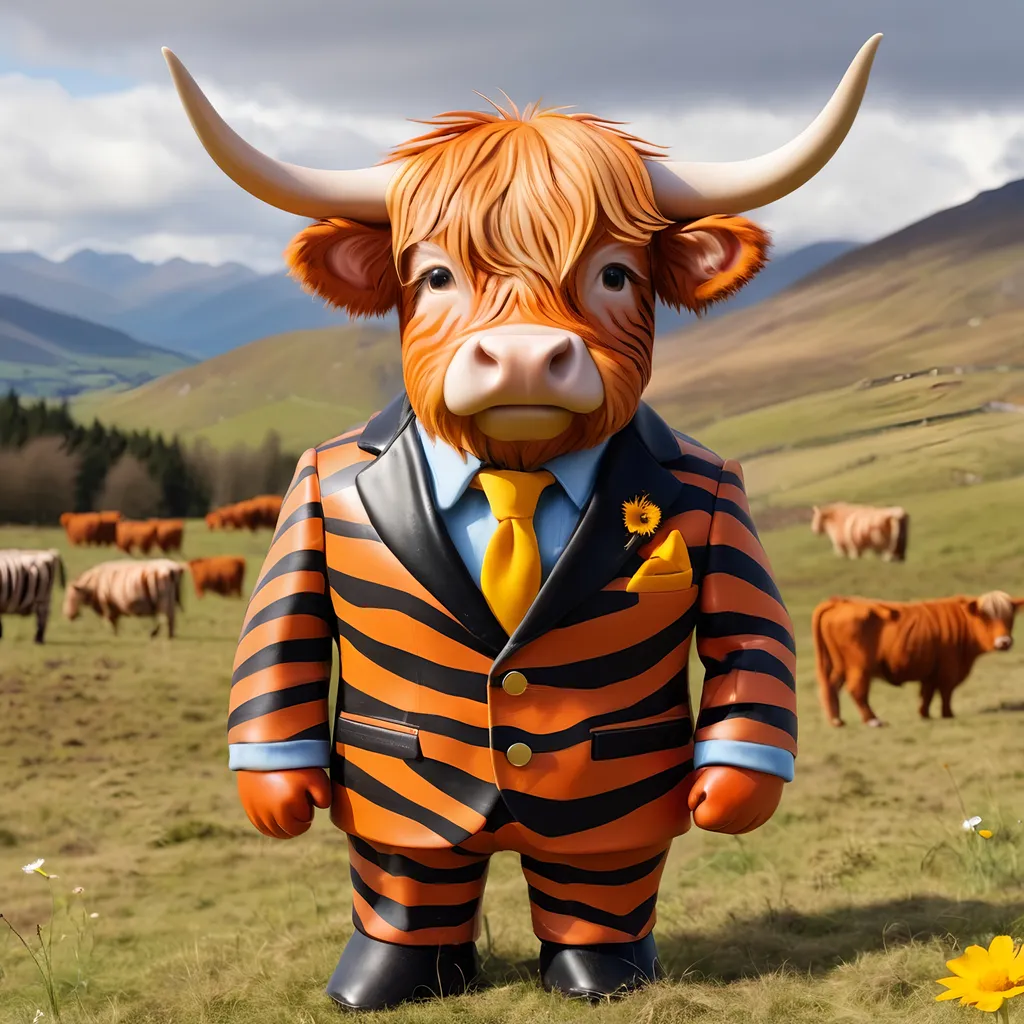 Prompt: Highland cow wearing a tiger striped suit.