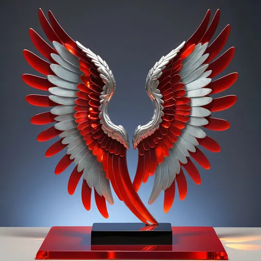 Prompt: Abstract metal tabletop sculpture in the shape of male angel wings glowing hot red, platinum and onyx, bright solid colored background, high quality, metallic, modern, vibrant colors, detailed textures, professional lighting