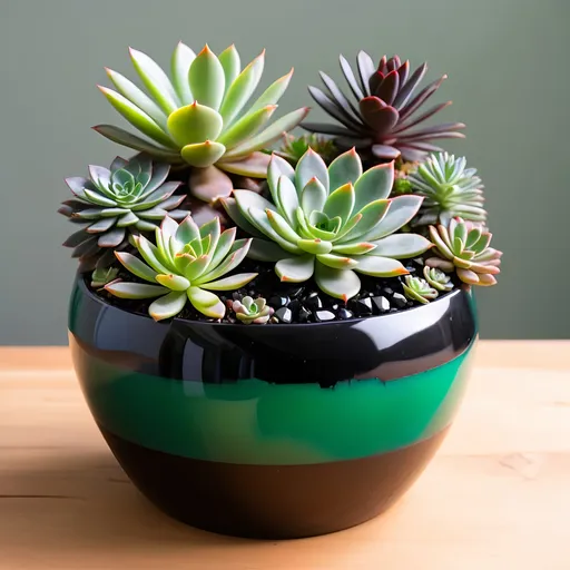 Prompt: Onyx and emerald pot, succulents inside