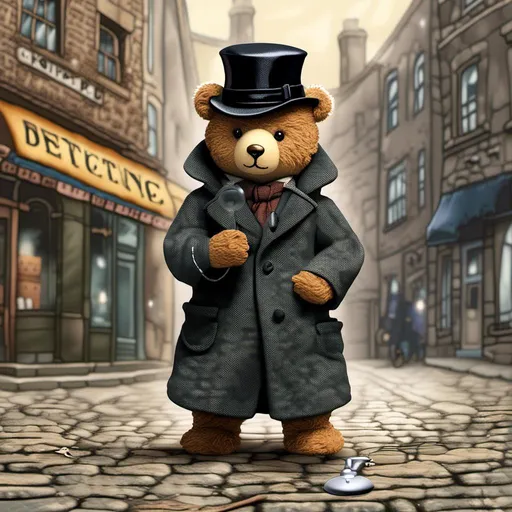 Prompt: a teddy bear dressed as Sherlock Holmes with a long wool coat and detective hat, holding a magnifying glass. he is surrounded by an old cobblestone city background.
Sherlock Holmes cosplay+mystery+ detective <mymodel> the dimensions should be 10.312” W x 3.875” H.