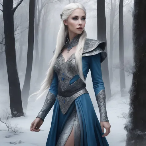 Prompt: In the heart of the wintry landscape, the elven sorceress's figure embodies an elegant yet robust form, defined by a graceful curvature that hints at both strength and ethereal beauty. Her slender neck slopes down to shoulders adorned with delicate features, each curve complementing the next in a symphony of elven grace. The fabric of her silk ensemble drapes and contours over her figure, accentuating the gentle lines of her frame without overshadowing her natural poise.

Her countenance holds an otherworldly allure—the sculpted features of her face resonate with an ethereal quality. High cheekbones frame her visage, leading to a softly angled jawline that speaks of both determination and finesse. A slender nose sits centrally, an elegant bridge leading to full, yet perfectly proportioned, lips that bear the subtlest hint of a smile.

Her cerulean eyes, framed by dark lashes, hold a depth that seems to reflect the very essence of the wintry landscape. They possess a mesmerizing quality, an iridescent shimmer akin to frozen pools, revealing a wisdom that transcends time itself. Above these captivating orbs, arched brows add an air of mystique, perfectly framing her gaze.

The gradient of her hair, transitioning from a deep, rich blue at its roots to a pristine, glistening white, cascades in elegant waves down her back. Each strand seems to capture the essence of the winter season—fluid, yet frozen in time.

Her slender arms and hands, adorned with faint tracings of the same neon blue Viking runes, bear testament to a history steeped in ancient magic. Long, delicate fingers hold a natural grace, hinting at the finesse required to wield the intricate powers at her command.

This description aims to capture the intricate details of her face and body, highlighting the delicate yet powerful features that define her mystical presence amidst the wintry landscape.