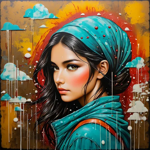 Prompt: She is in a graffiti monsoon, encaustic painting, inlays 