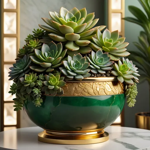 Prompt: Giant jade and gold pot with succulents inside, luxurious gold and emerald tones, realistic 3D rendering, detailed succulent arrangement, intricate gold engravings, high quality, realistic, luxurious, gold and emerald tones, detailed succulents, 3D rendering, intricate design, opulent lighting