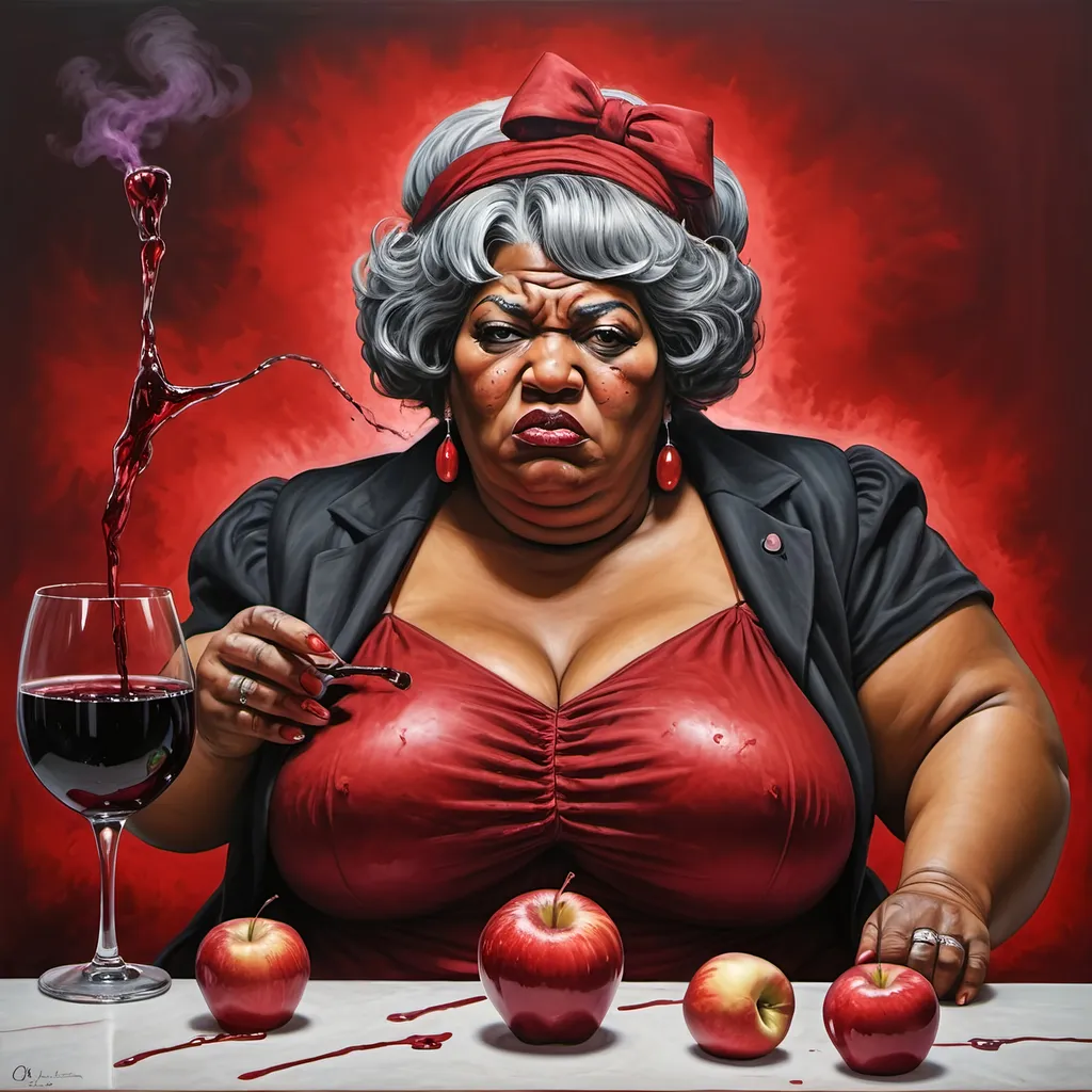 Prompt: Big Mama Bertha, mafia, Final Rage of Court Case, Flowing red Sadness, red Wine of Anarchy, red apples by Daniel Overwall