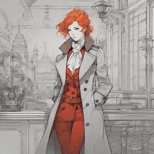 Prompt: Line drawing, concept art, red, anime, trench coat, ginger, flame hair, steampunk, victorian, sci-fi, very detailed character, backlight, backlit