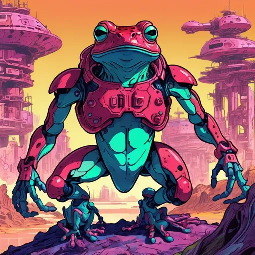 Prompt: Giant frog mech hunting some poor souls.
Science Fiction, Retrofuturism, Body horror, Cosmic Horror, Fine inking, Clean linework, comic illustration, flat shading, Colour transitions, Maximalism, Beautifully illustrated forms, beautiful background scenery, Warm and cold colour mix, Triadic colour palette, Dark vibrancy, Complexity, Storytelling, Dynamic Poses, High quality, Sharp focus, Tight colour range, Full scene, Filmic, 