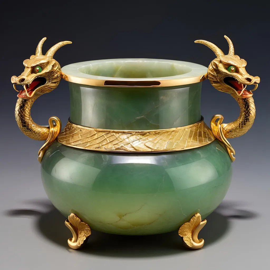 Prompt: Onyx and jade pot. Gold serpent handles.