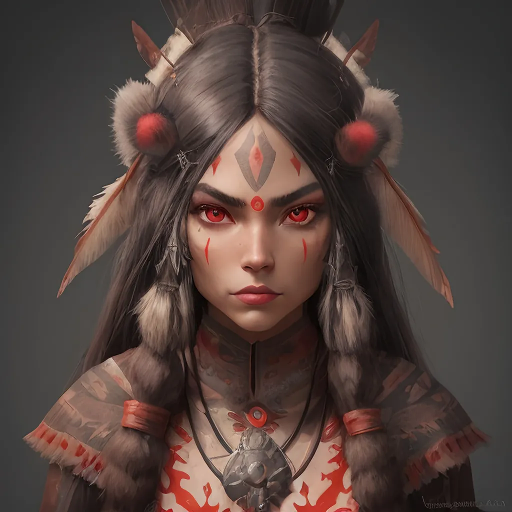 Prompt: anthropomorphized "Native American", wearing an outfit inspired by "World of Warcraft", she is making eye contact, she has red eyes, full body, detailed symmetrical face, detailed real skin textures, highly detailed, digital painting ,add white glow, HD quality, 