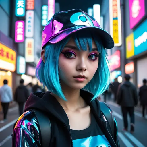 Prompt: Liquid metal Harajuku girl with vibrant colors, a squirtle cap hat, futuristic fashion, neon-lit streets, anime, cyberpunk, metallic sheen, colorful hair, edgy makeup, urban setting, highres, vibrant colors, cyberpunk, liquid metal, anime, futuristic, neon-lit streets, vivid and vibrant, metallic sheen, edgy makeup, urban setting, high quality