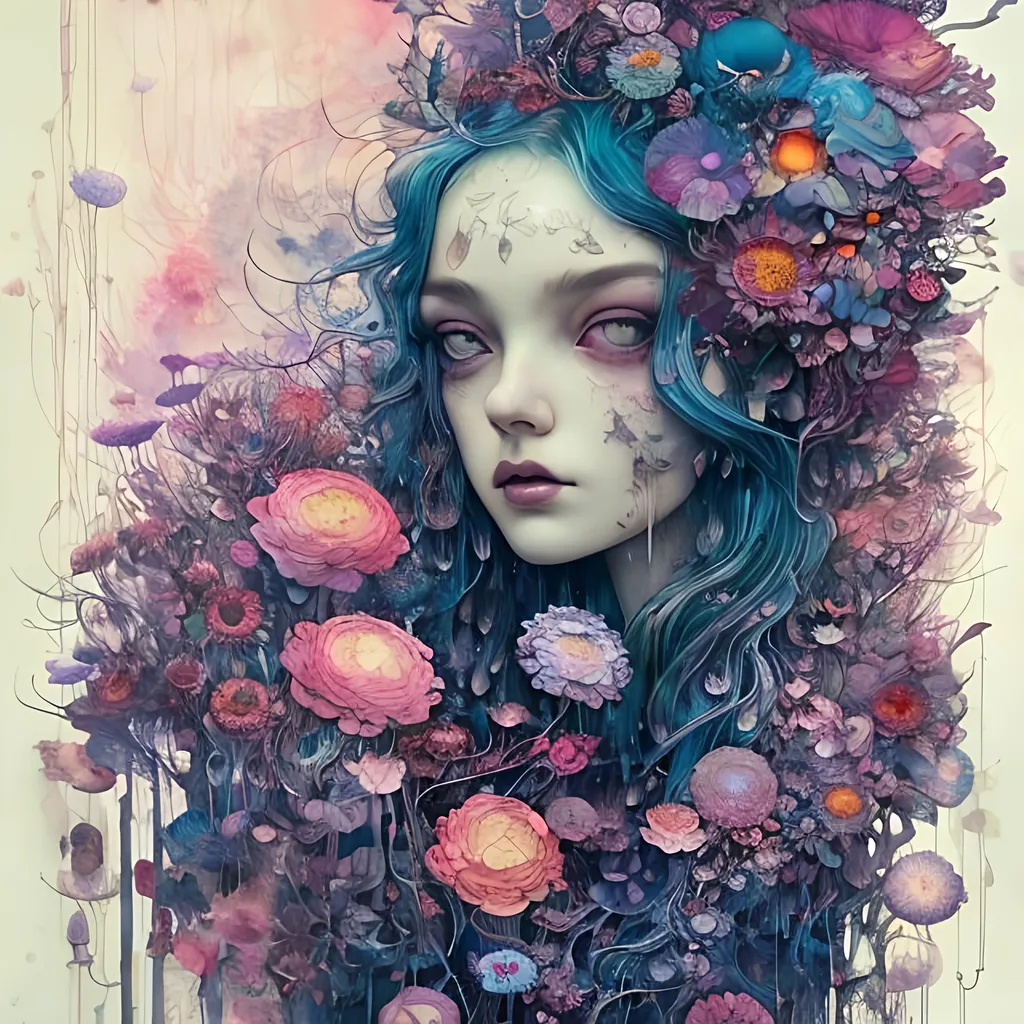 Prompt: Rain of flowers at a night City art by Art by caia Koopman,Takashi Murakami, Agnes Cecile, sascalia, Anselm Kiefer, catrin welz-stein, endre penovac. Highly detailed, intricate, crossed colors, beautiful, high definition, fantastic view. 3d, iridescent Watercolors and Ink, intricate details, volumetric lighting. 