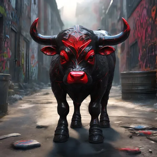 Prompt: A black and red translucent small dwarf bull humanoid made of black carbon fiber, graffiti all over it, standing up in the ghetto, highly detailed painting, photorealistic, sparkles, magical atmosphere, 8k