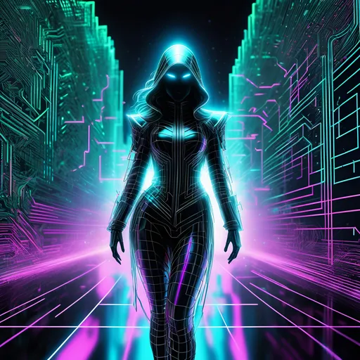 Prompt: wireframe hologram graffiti poster of a ghostkeeper rogue lady in tease pose, trompe l’oeil, glitch fashion, void, deep perspective, depth, circuit board art 