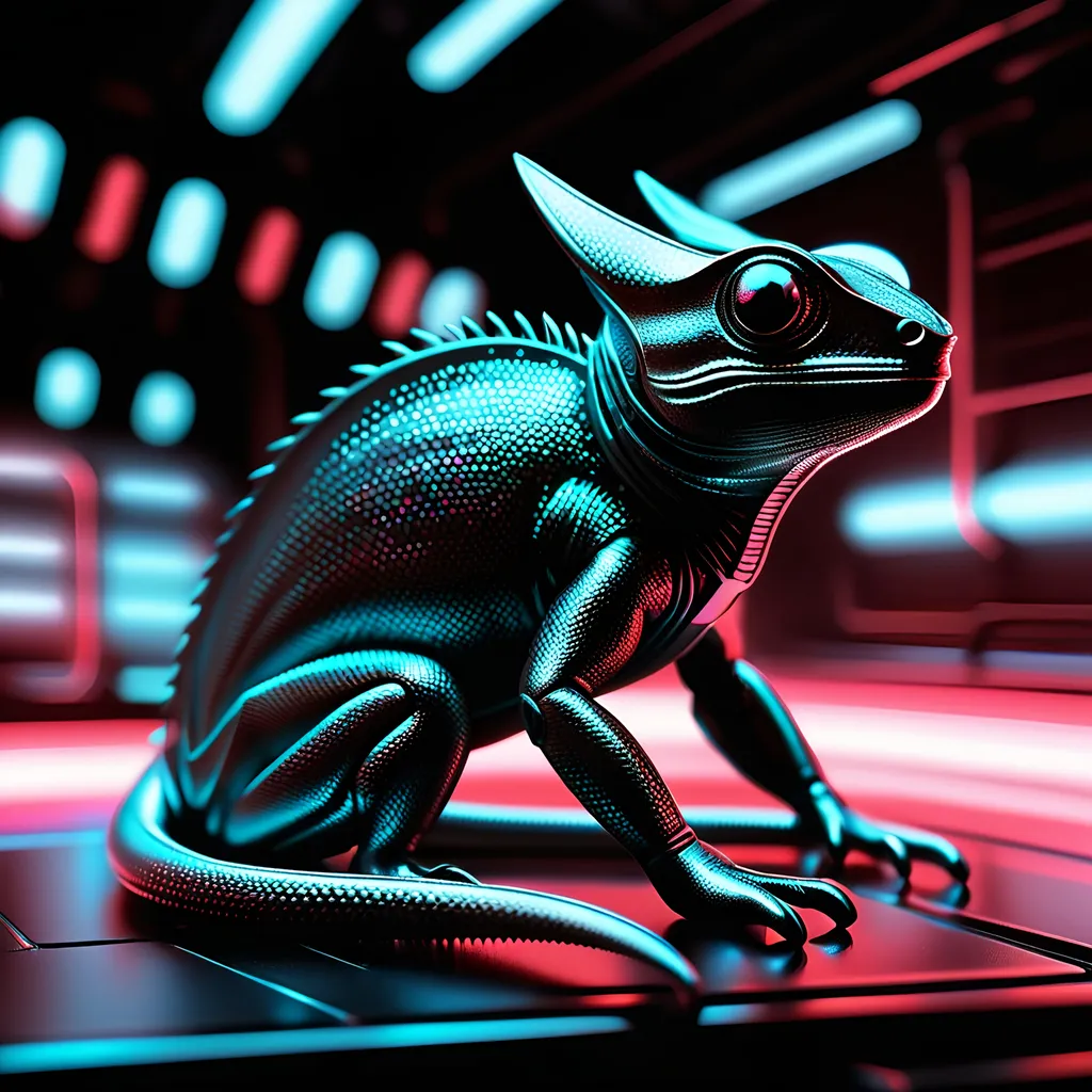 Prompt: small chameleon, metallic and sleek design, futuristic sci-fi style, intense black and white color scheme, sparkling neon lights, miniature scale, highres, ultra-detailed, sci-fi, futuristic, metallic sheen, intense color scheme, miniature scale, neon lights, detailed design, professional, atmospheric lighting