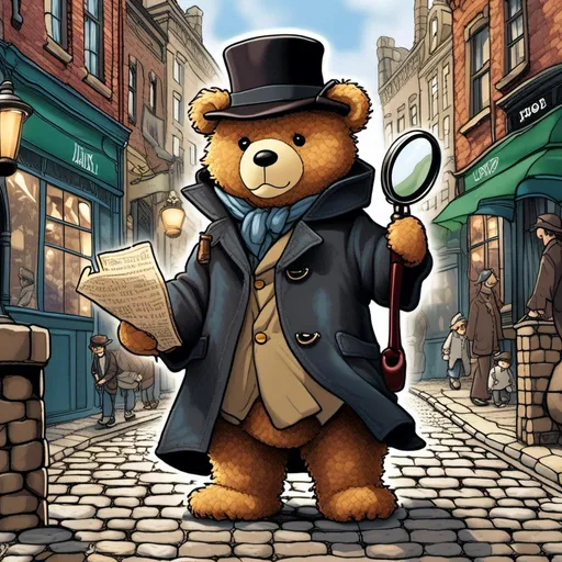 Prompt: a teddy bear dressed as Sherlock Holmes with a long wool coat and detective hat, holding a magnifying glass. he is surrounded by an old cobblestone city background.
Sherlock Holmes cosplay+mystery+ detective <mymodel> the dimensions should be 10.312” W x 3.875” H.