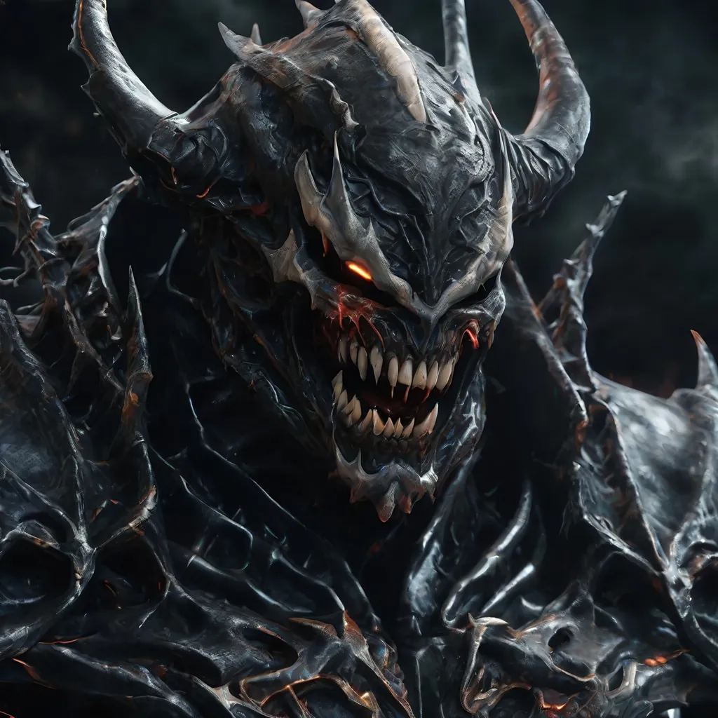 Prompt: Death Knight with a Venom mouth (Venom movie), with horns forward on his forehead, fire eyes, Hyperrealistic, sharp focus, Professional, UHD, HDR, 8K, Render, electronic, dramatic, vivid, pressure, stress, nervous vibe, loud, tension, traumatic, dark, cataclysmic, violent, fighting, Epic