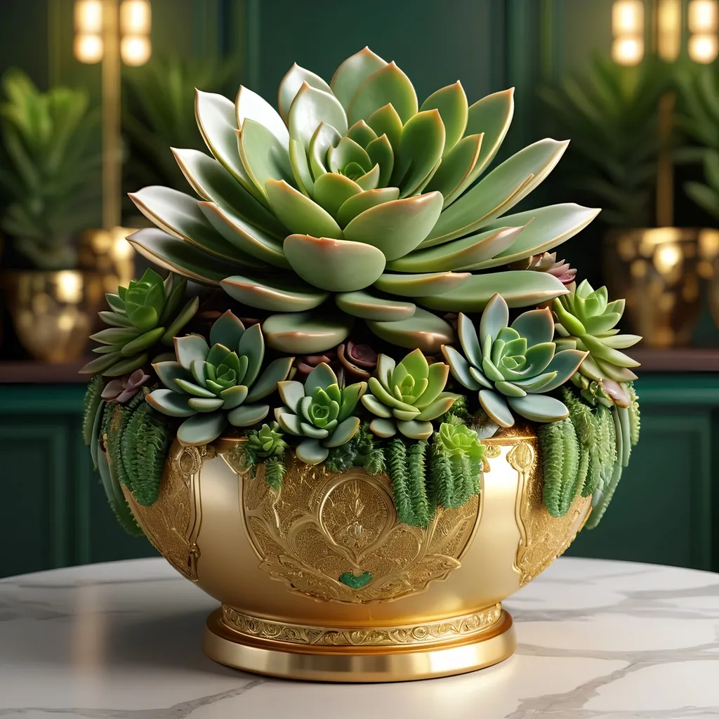 Prompt: Giant jade and gold pot with succulents inside, luxurious gold and emerald tones, realistic 3D rendering, detailed succulent arrangement, intricate gold engravings, high quality, realistic, luxurious, gold and emerald tones, detailed succulents, 3D rendering, intricate design, opulent lighting