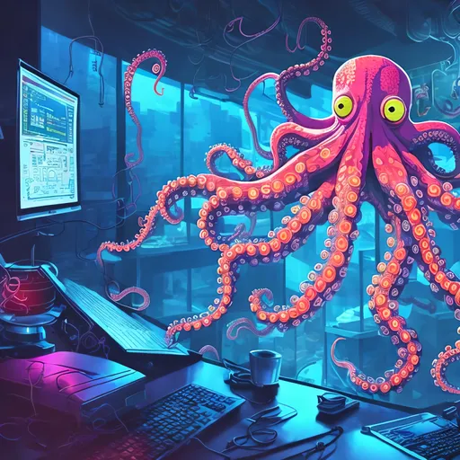 Prompt: Octopus coding at desk, wearing headphones, energy drink, snack, petting dog, playing piano, lifting dumbbell, digital illustration, vibrant colors, detailed tentacles, professional, highres, detailed coding environment, multi-tasking octopus, modern setting, futuristic technology, energetic lighting