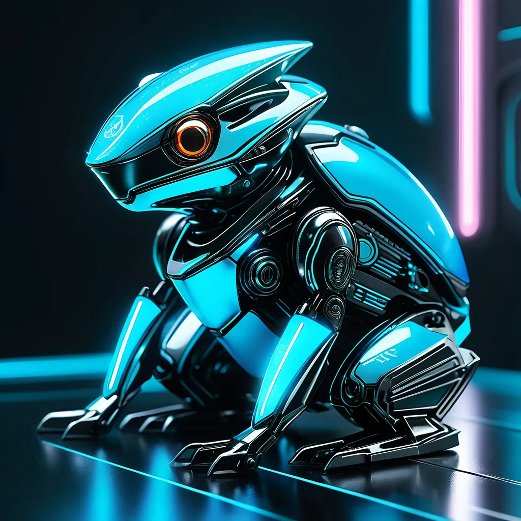 Prompt: Tiny frog mech, metallic and sleek design, futuristic sci-fi style, intense light blue and black color scheme, sparkling neon lights, miniature scale, highres, ultra-detailed, sci-fi, futuristic, metallic sheen, intense color scheme, miniature scale, neon lights, detailed design, professional, atmospheric lighting