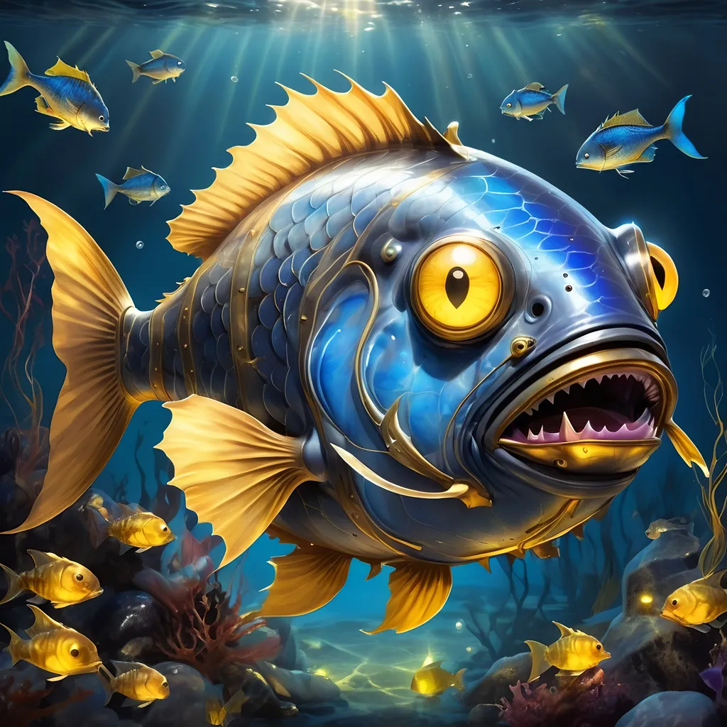 Prompt: Anglerfish with blue and dark gray scales zombie-like with golden plates and markings and angler lure that glows gold, background deep ocean with glowing plants