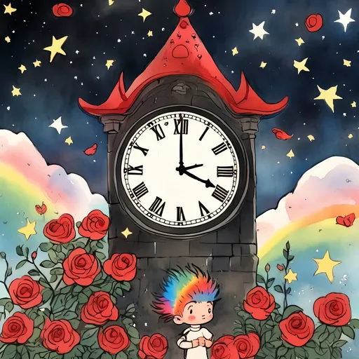 Prompt: in the style of sumi-e Outside a grand castle under a starry sky a cute adventurer with a rainbow mohawk gazes at a celestial time clock surrounded by red and black roses 