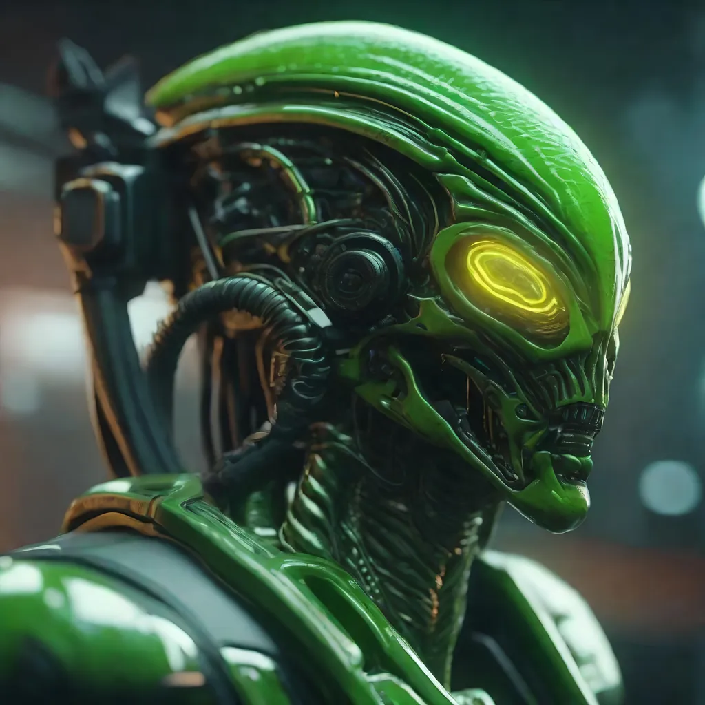 Prompt:   Alien green male hideous and deformed horror Fungoid head ,cybenetic gear, shooting guns, sharp focus, Professional, UHD, HDR, 8K,  Render, electronic, nervous vibe, loud, tension, dark, Epic