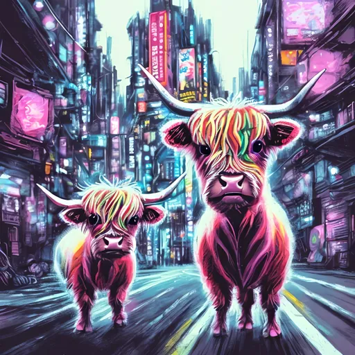 Prompt: pop art chalk pastel art of detailed mini highland cow wearing USA clothes playing in the streets in cyberpunk japan during a festival, sketch, detailed background, highres, fun atmosphere, natural lighting,  abstract, fun