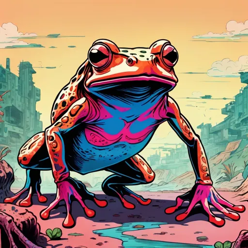 Prompt: Giant frog cyborg hunting some poor souls.
Science Fiction, Retrofuturism, Body horror, Cosmic Horror, Fine inking, Clean linework, comic illustration, flat shading, Colour transitions, Maximalism, Beautifully illustrated forms, beautiful background scenery, Warm and cold colour mix, Triadic colour palette, Dark vibrancy, Complexity, Storytelling, Dynamic Poses, High quality, Sharp focus, Tight colour range, Full scene, Filmic, 