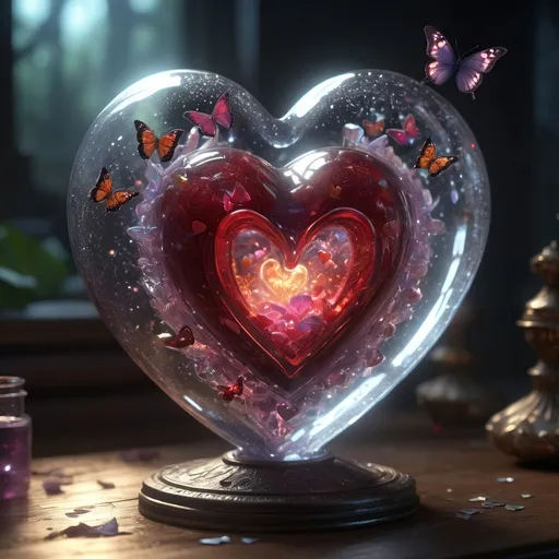 Prompt: insanely detailed gorgeous Glass_Heart with a magical_glowing_liquid inside surrounded_by fairy dust, Butterflies, Hearts, Love energy, :: in the style of Alice_in_Wonderland, :: Perfect_proportions, a masterpiece, 8k_resolution, dark_fantasy_concept_art, by Greg_Rutkowski, dynamic_lighting, Hyperrealistic, intricately_detailed, Splash screen art, trending on Artstation, deep_color, Unreal_Engine, volumetric lighting,