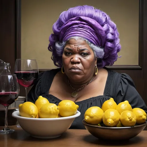 Prompt: Big Mama Bertha, Final Rage of Court Case, Flowing Purple Sadness, Wine of Anarchy, Lemons by Daniel Overwall