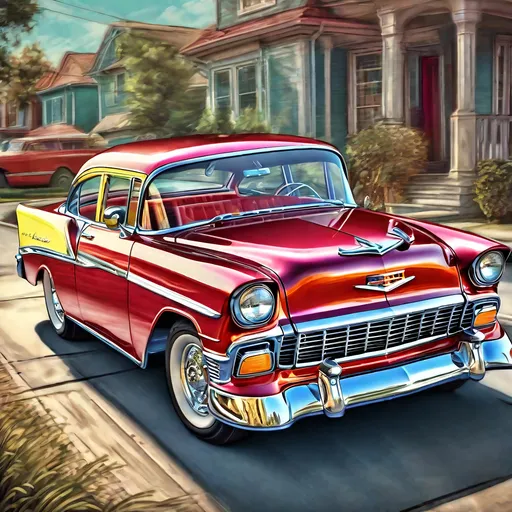Prompt: Highly detailed 1956 Chevy illustration, classic car, vintage vehicle, glossy finish, vibrant colors, dynamic perspective, realistic shading, traditional illustration, classic American car, retro vibes, nostalgic atmosphere, best quality, highres, ultra-detailed, classic car illustration, vintage, vibrant colors, traditional style, dynamic perspective, realistic shading, retro vibes, nostalgic atmosphere