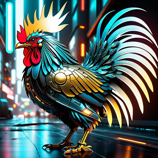 Prompt: Futuristic sci-fi illustration of a metallic rooster mech, sleek design, detailed metal textures, high-tech enhancements, intense and focused gaze, cool-toned lighting, urban cyberpunk setting, best quality, highres, ultra-detailed, sci-fi, futuristic, metallic, sleek design, detailed textures, intense gaze, cool-toned lighting, cyberpunk