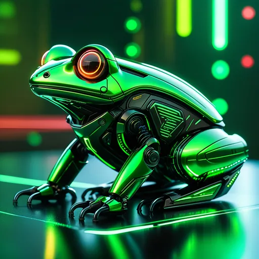 Prompt: Tiny frog mech, metallic and sleek design, futuristic sci-fi style, intense green and black color scheme, sparkling neon lights, miniature scale, highres, ultra-detailed, sci-fi, futuristic, metallic sheen, intense color scheme, miniature scale, neon lights, detailed design, professional, atmospheric lighting