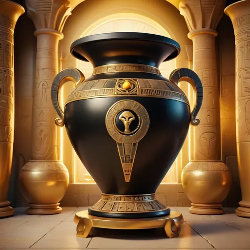 Prompt: Giant onyx and gold pot with intricate gold symbols, high resolution, digital art, ancient Egyptian theme, luxurious gold tones, dramatic lighting
