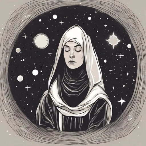 Prompt: nun exhaling galaxies and stars 