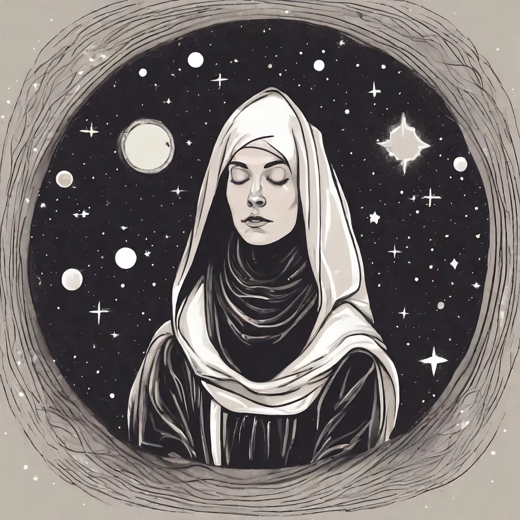 Prompt: nun exhaling galaxies and stars 