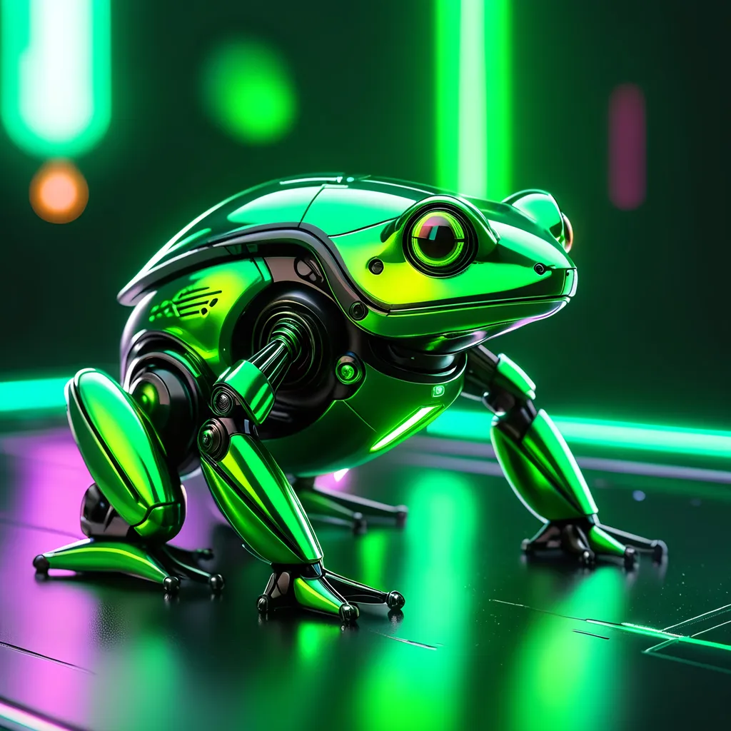 Prompt: Tiny frog mech, metallic and sleek design, futuristic sci-fi style, intense green and black color scheme, sparkling neon lights, miniature scale, highres, ultra-detailed, sci-fi, futuristic, metallic sheen, intense color scheme, miniature scale, neon lights, detailed design, professional, atmospheric lighting